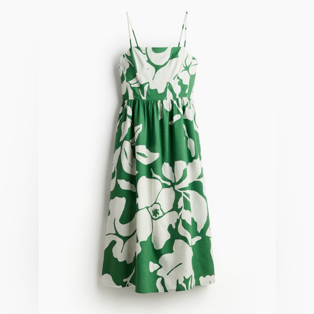 H&M Green and White Floral Linen Blend Midi dress, NWT, sz M